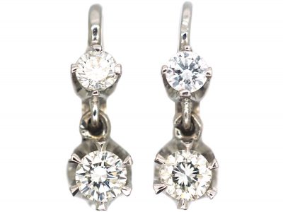 Art Deco 18ct White Gold, Two Stone Diamond Drop Earrings