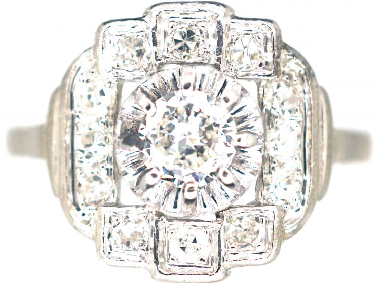 French Art Deco Platinum & Diamond Geometric Cluster Ring