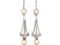 Edwardian 18ct White Gold Natural Split Pearl & Rose Diamond Drop Earrings
