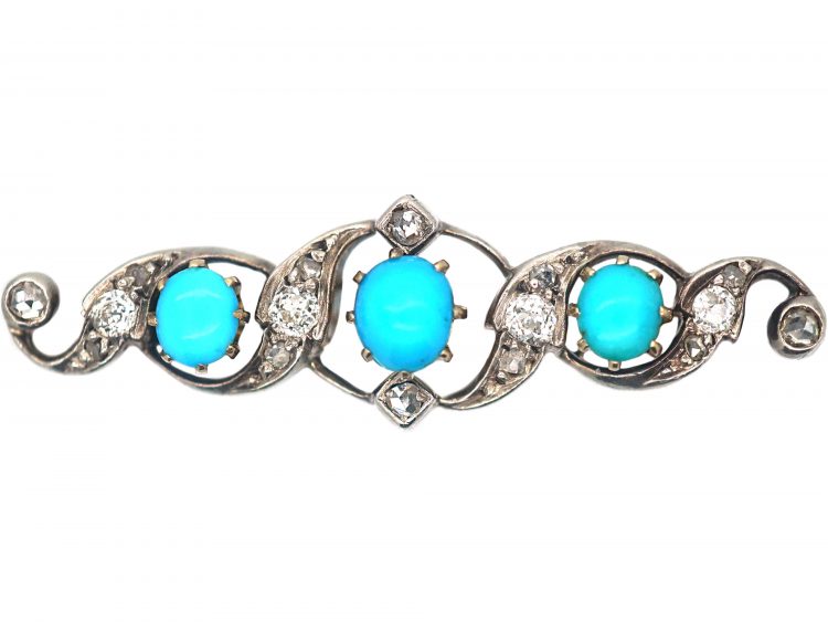 Victorian Turquoise & Diamond Brooch in Original Henry Tessier Case