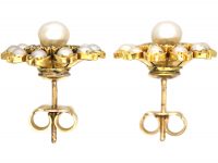 Victorian 15ct Gold Natural Pearl & Rose Diamond Flower Cluster Earrings