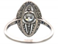 Art Deco Navette Shaped Ring with Large Diamond in the Centre with Small Diamonds Around It