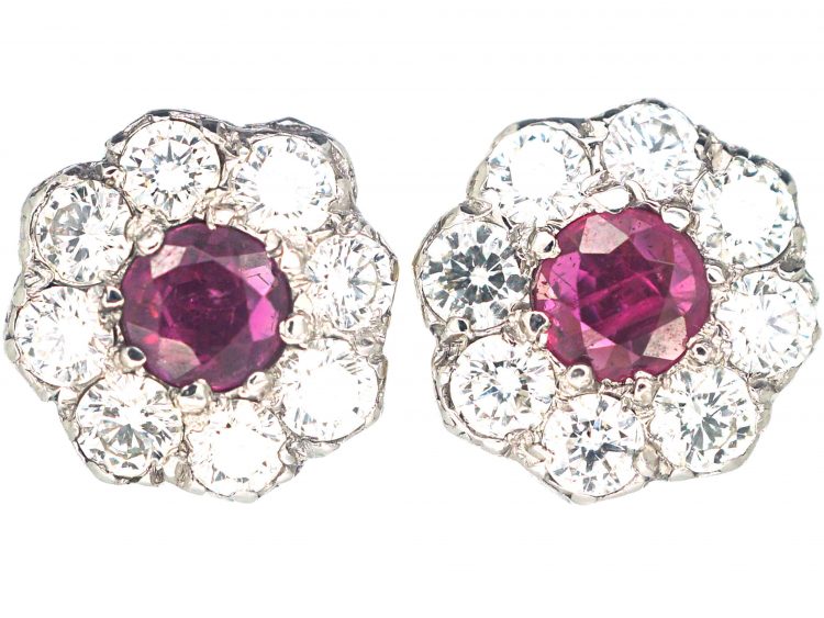 18ct White & Yellow Gold Ruby & Diamond Cluster Earrings
