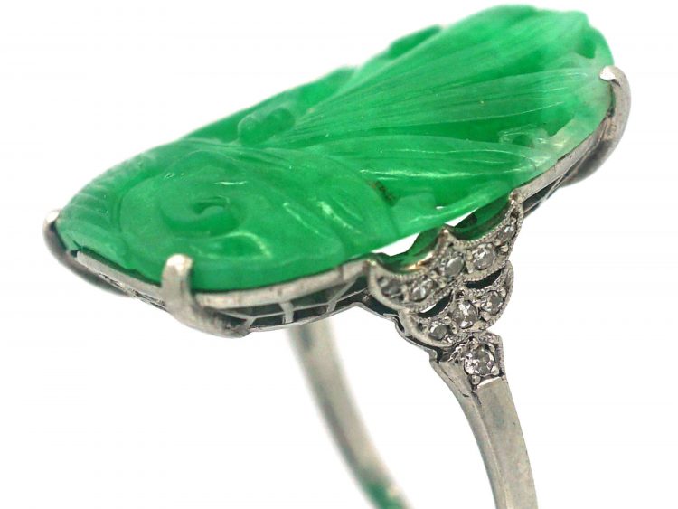 Art Deco French Platinum & Carved Jade Ring of a Peacock