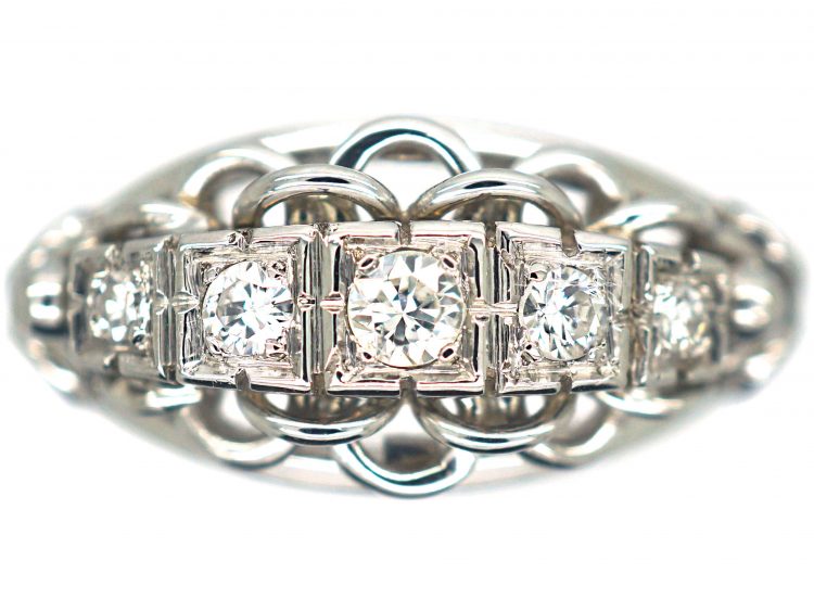French Art Deco 18ct White Gold Ring set with Five Diamonds
