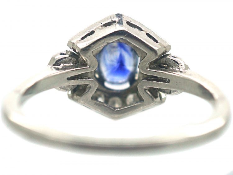 Art Deco Platinum, Sapphire & Diamond Cluster Ring with Ornate Shoulders