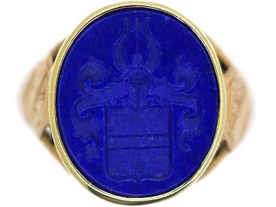 Victorian 18ct Gold, Lapis Lazuli Signet Ring with Intaglio of a Crest