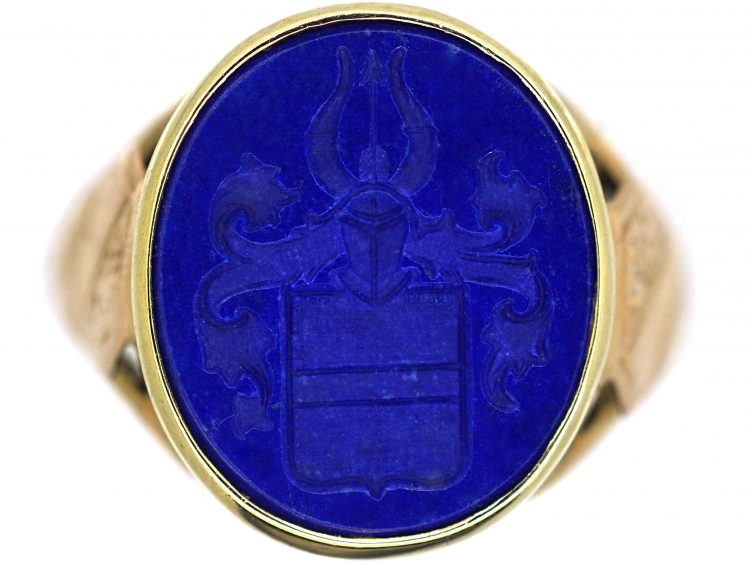 Victorian 18ct Gold, Lapis Lazuli Signet Ring with Intaglio of a Crest