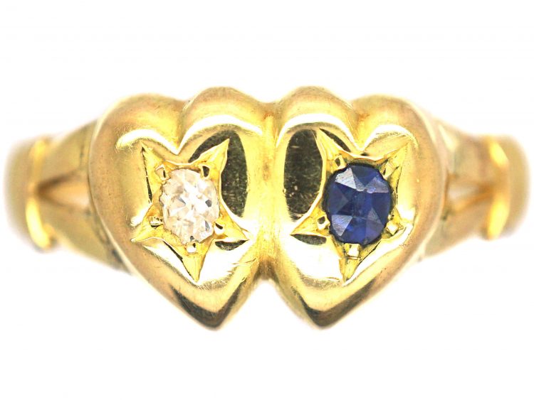 Victorian 18ct Gold Double Heart Ring set with a Sapphire & a Diamond