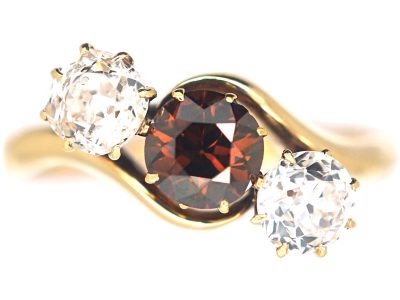 Art Deco Three Stone Cognac & White Diamond Crossover Ring