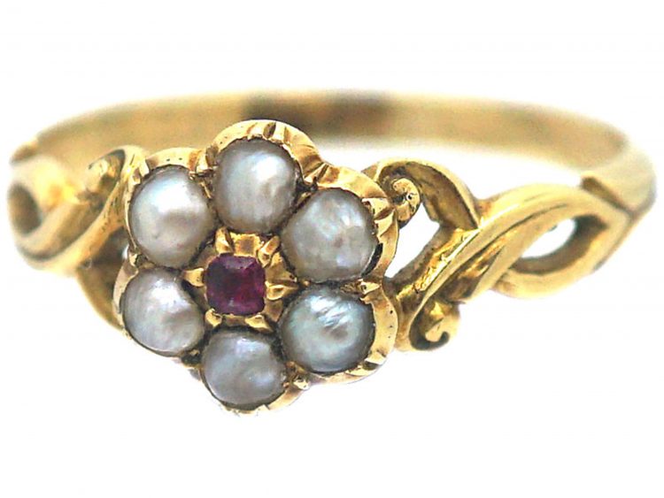 Regency 15ct Gold Natural Split Pearl & Ruby Cluster Ring with Glazed Locket on the Reverse