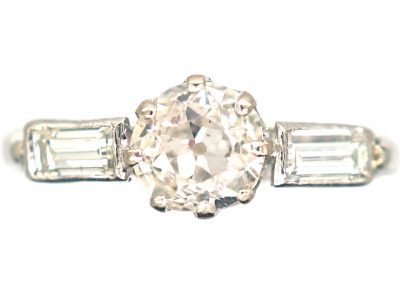 Art Deco 18ct Gold & Platinum, Diamond Solitaire Ring with Baguette Diamond Shoulders