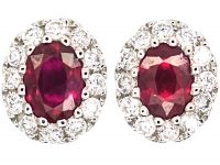 Queen's Coronation 18ct White Gold Small Ruby & Diamond Oval Cluster Earrings