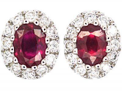 Queen's Coronation 18ct White Gold Small Ruby & Diamond Oval Cluster Earrings