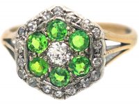 Edwardian 18ct Gold, Green Garnet & Diamond Cluster Ring