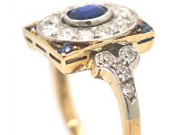 Art Deco 14ct Gold & Platinum, Sapphire & Diamond Rectangular Cluster Ring