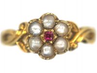 Regency 15ct Gold Natural Split Pearl & Ruby Cluster Ring with Glazed Locket on the Reverse