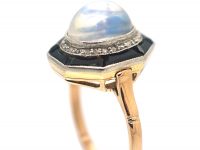 Art Deco 14ct Gold & Platinum, Moonstone, Rose Diamond & Onyx Octagonal Shaped Ring