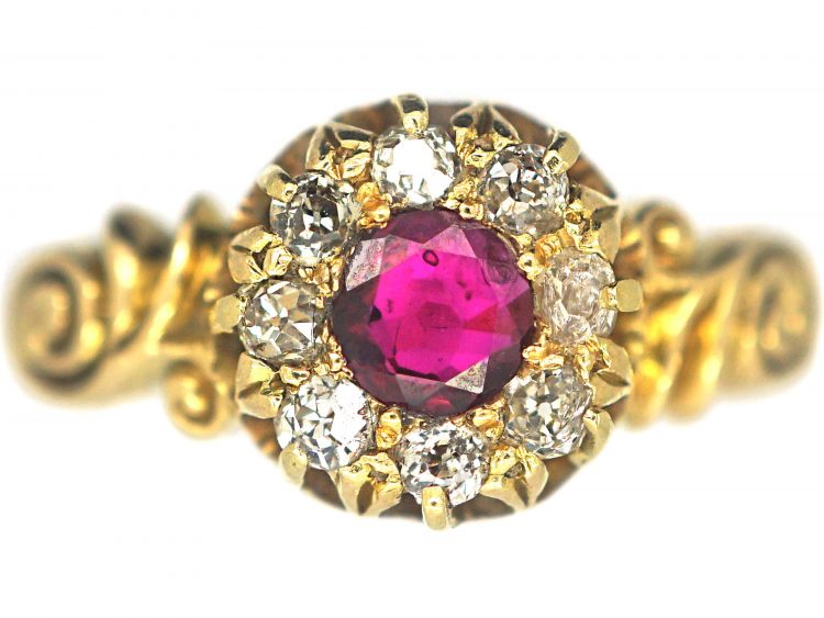 Victorian 18ct Gold Ruby & Diamond Cluster Ring with Ornate Shoulders