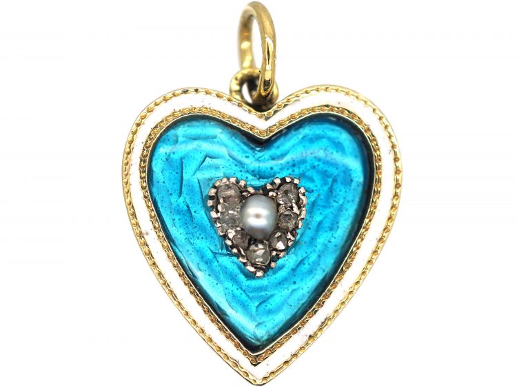 Edwardian 9ct Gold Heart Shaped Pendant with Blue & White Enamel & Rose Diamond & Natural Pearl Heart in the Centre