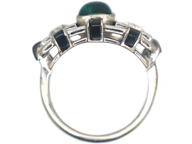 Art Deco 14ct White Gold, Cabochon Emerald , Onyx & Diamond Geometric Ring