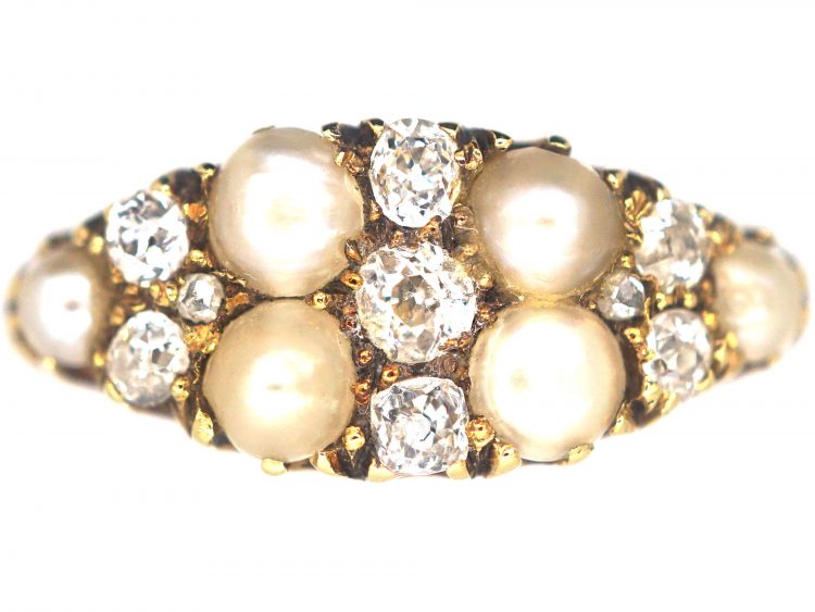 Victorian 18ct Gold Boat Shaped Ring set with Diamonds & Natural Split Pearls