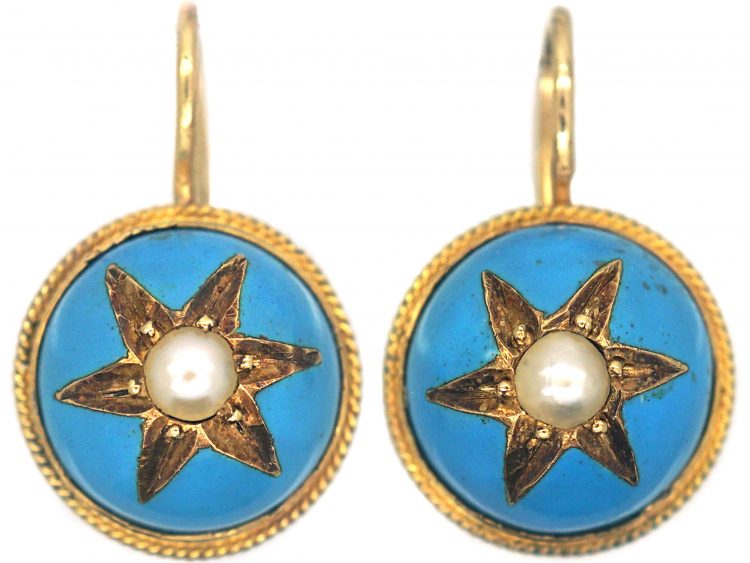 Victorian 15ct Gold Round Earrings with Turquoise Blue Enamel & Natural Split Pearls