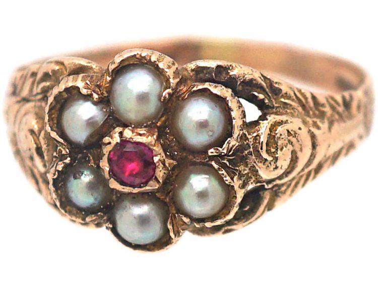 9ct Gold Cluster Ring set with a Ruby & Natural Split Pearls
