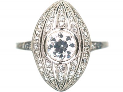 Art Deco Navette Shaped Ring with Large Diamond in the Centre with Small Diamonds Around It