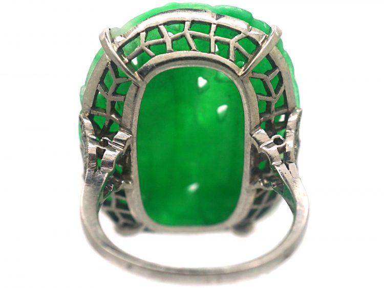 Art Deco French Platinum & Carved Jade Ring of a Peacock