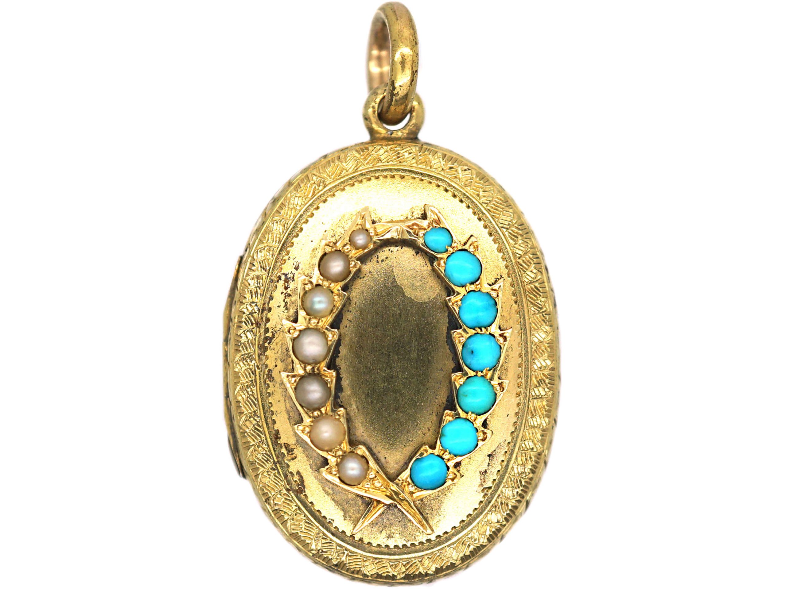 Victorian 15ct Gold Oval Locket set with Turquoise & Natural Split ...