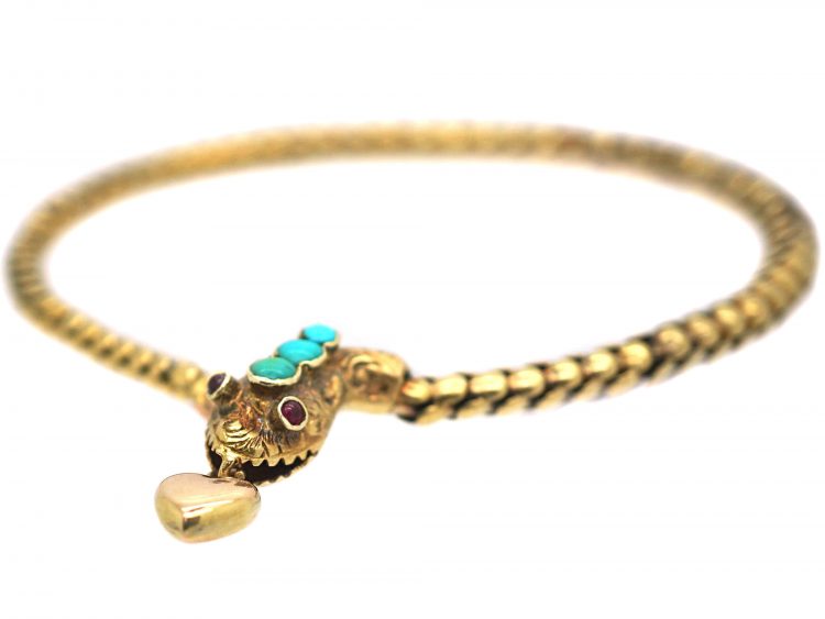 Victorian 15ct Gold Snake Bracelet Set With Turquoise & Heart