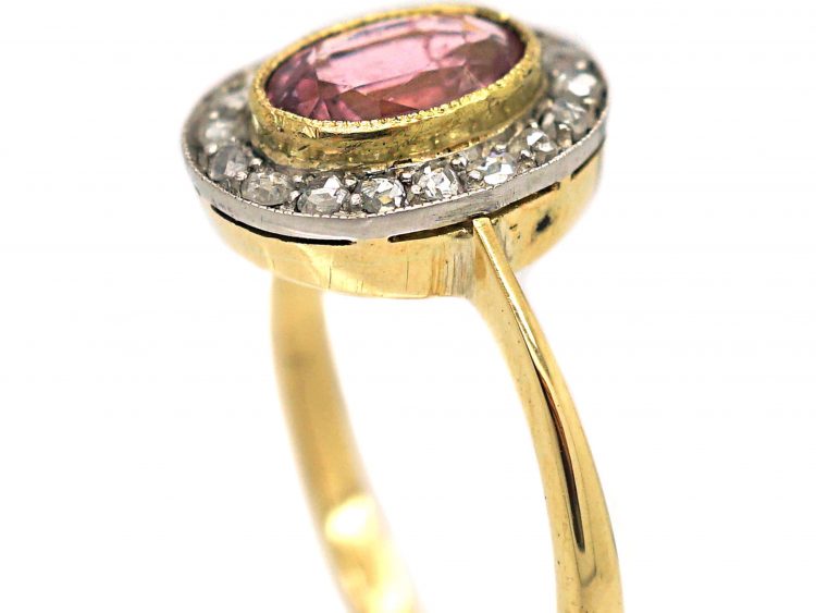Edwardian 18ct Gold, Pink Tourmaline & Rose Diamond Oval Cluster Ring