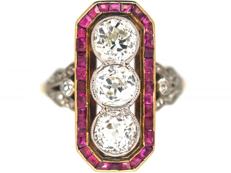 French 18ct Gold & Platinum, Art Deco 18ct Gold & Platinum, Ruby & Diamond Rectangular Ring