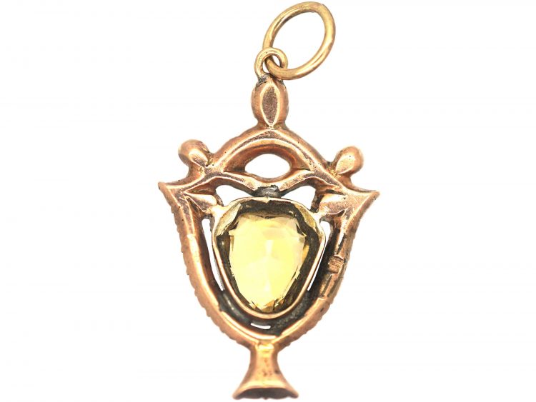 Georgian 9ct Gold Urn Pendant set with a Citrine, Natural Spilt Pearls & Vauxhall Glass