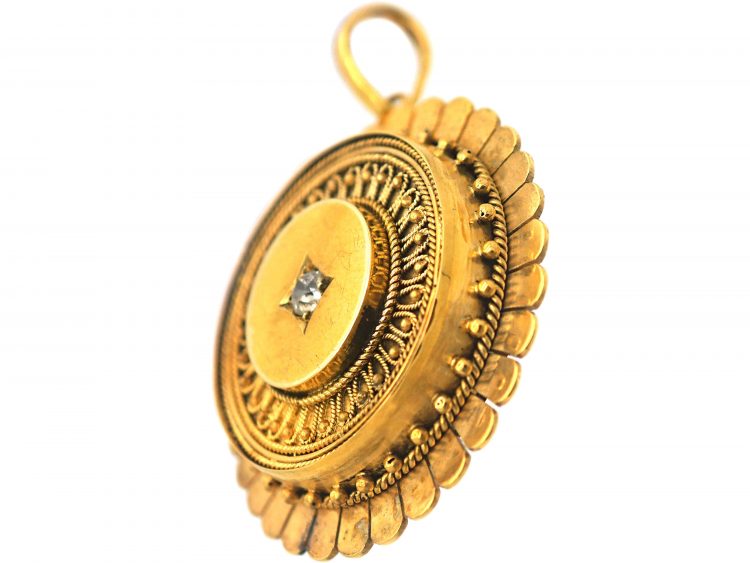 Victorian 15ct Gold Etruscan Style Pendant set with a Diamond with Locket on the Reverse