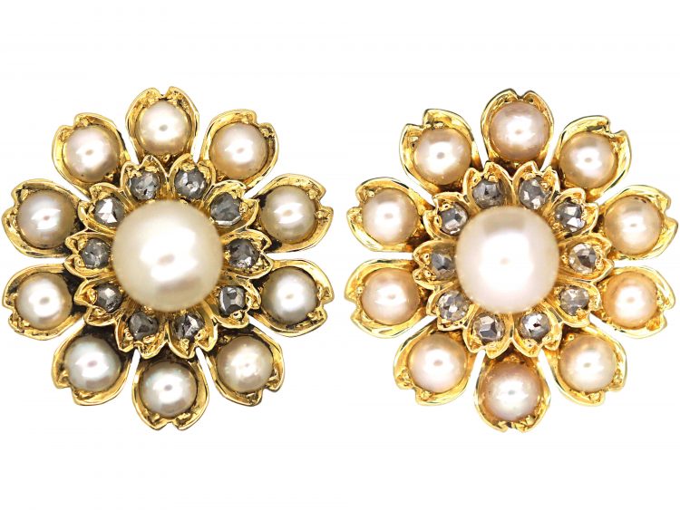 Victorian 15ct Gold Natural Pearl & Rose Diamond Flower Cluster Earrings