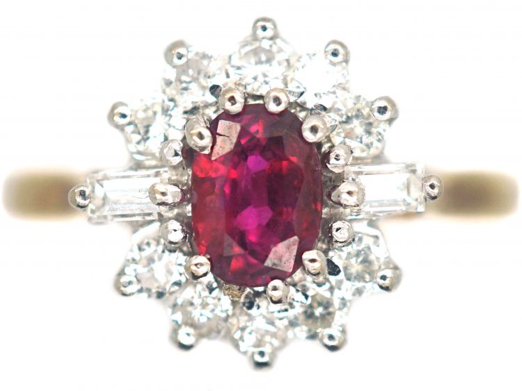 18ct Gold, Ruby & Diamond Cluster Ring with Baguette Diamonds
