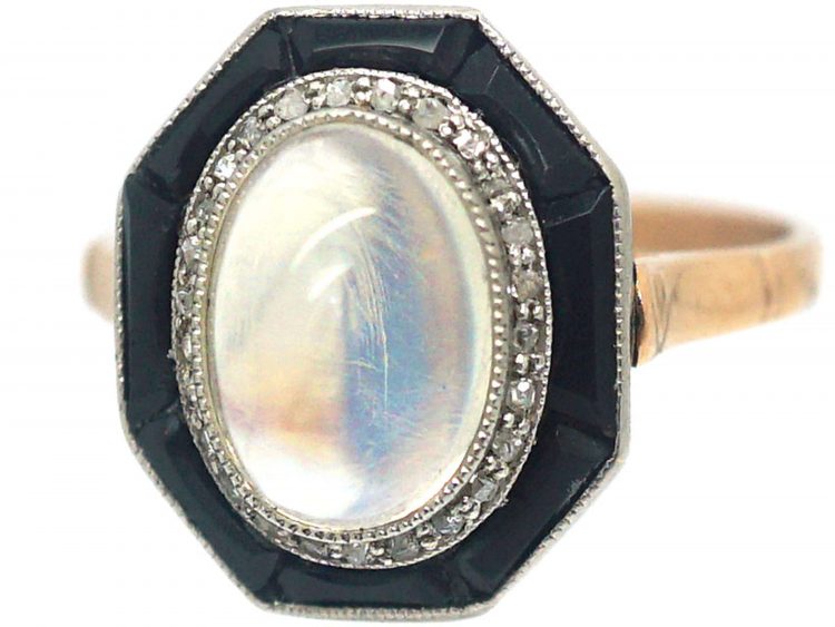 Art Deco 14ct Gold & Platinum, Moonstone, Rose Diamond & Onyx Octagonal Shaped Ring
