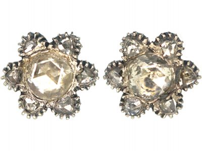 Victorian Silver & Rose Diamond Flower Cluster Earrings