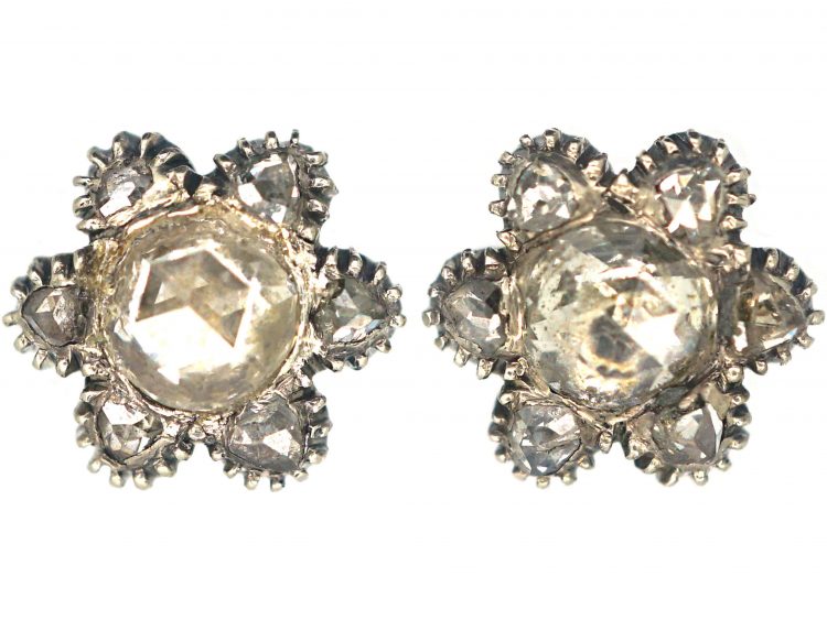 Victorian Silver & Rose Diamond Flower Cluster Earrings