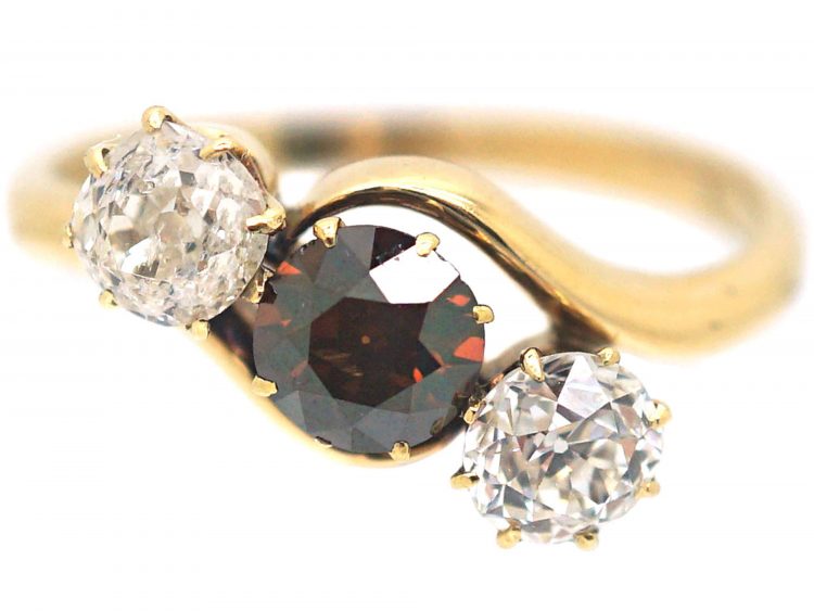 Art Deco Three Stone Cognac & White Diamond Crossover Ring