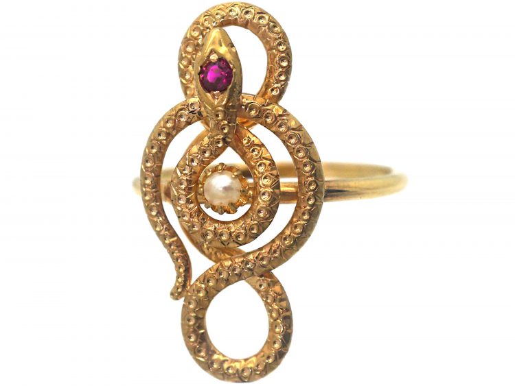 Edwardian 14ct Gold Snake Ring set with  Natural Split Pearl & a Ruby