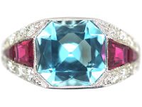 French Art Deco Platinum, Diamond, Aquamarine & Ruby Ring