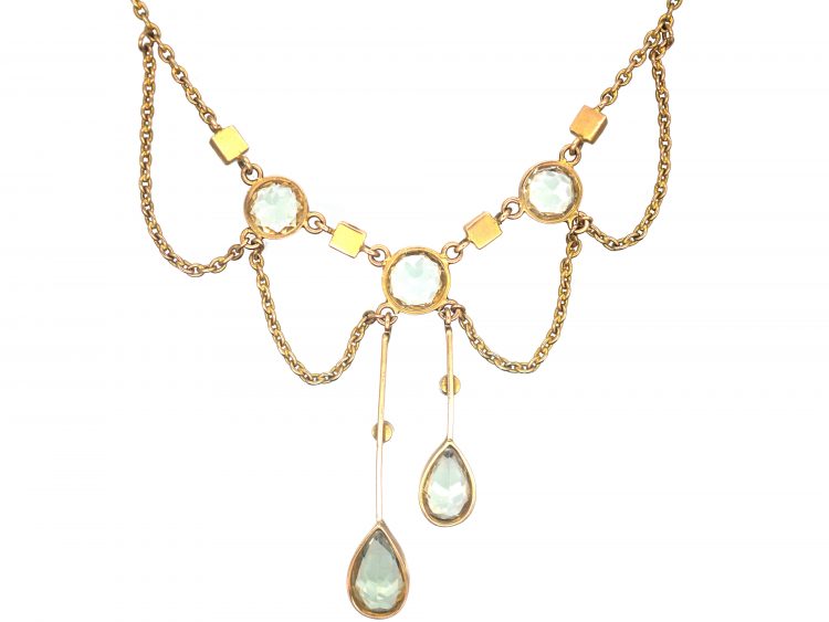 Edwardian 15ct Gold Necklace set with Aquamarines & Split Pearls