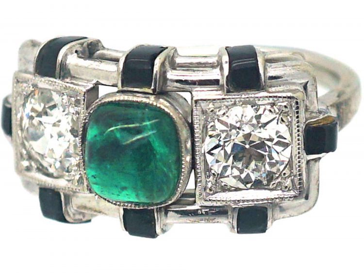 Art Deco 14ct White Gold, Cabochon Emerald , Onyx & Diamond Geometric Ring