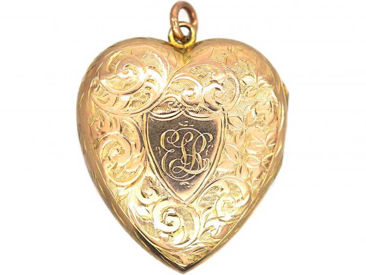 Edwardian 9ct Gold Back & Front Heart Shaped Locket with Engraved Detail