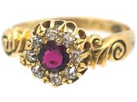 Victorian 18ct Gold Ruby & Diamond Cluster Ring with Ornate Shoulders