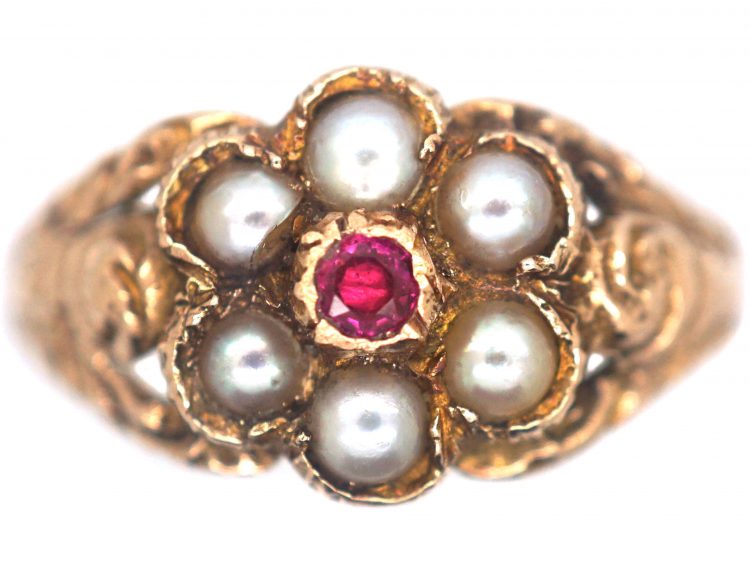 9ct Gold Cluster Ring set with a Ruby & Natural Split Pearls