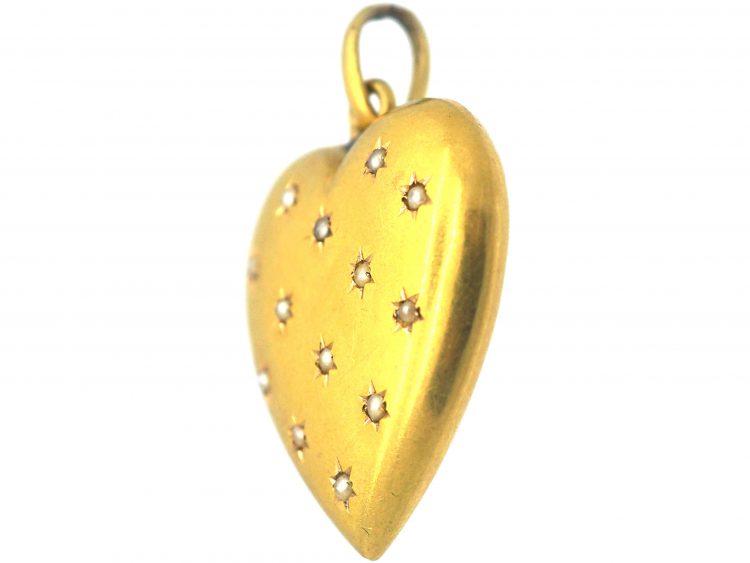 French Belle Epoque 18ct Gold Heart Pendant set with Natural Split Pearls